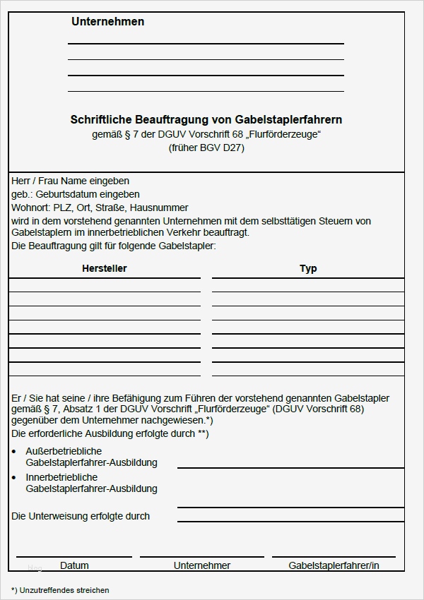 Abbruchanweisung Vorlage Elegant Schriftliche Beauftragung Von Gabelstaplerfahrern