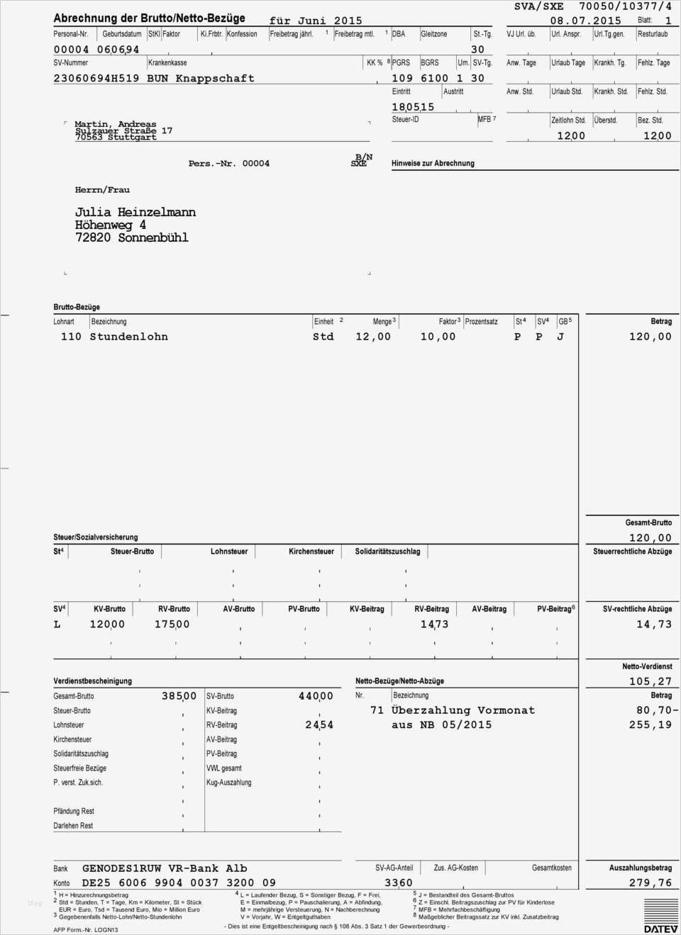Abrechnung Der Brutto Netto Bezüge Vorlage Einzigartig Anna Lena Martin Sulzauer Straße Stuttgart Pdf