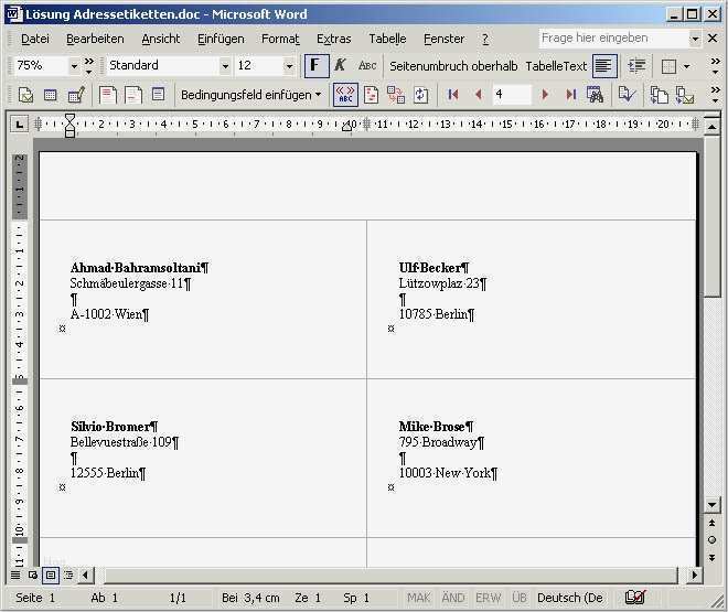 Word 2003 Prof 2 4 5 Aufgabe 11 Adressetiketten