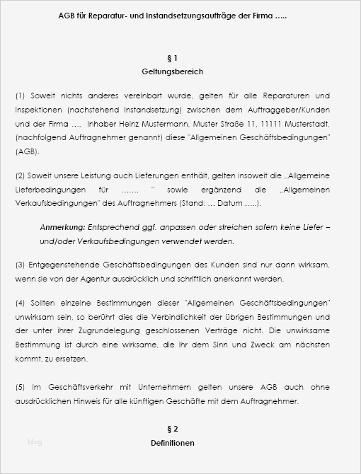 Agb Vorlage Kostenlos Einzigartig Agb Muster Instandsetzungs Und Reparaturaufträge B2b