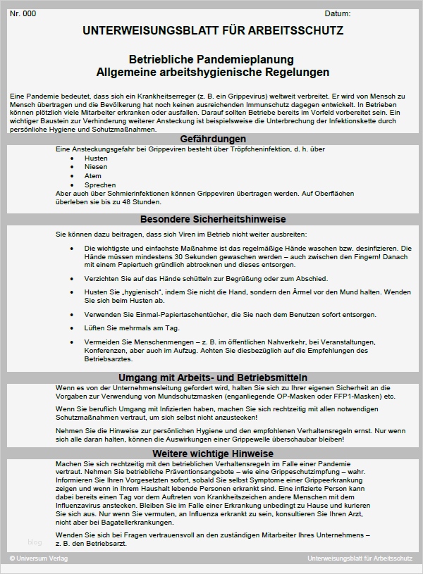 Allgemeine Sicherheitsunterweisung Vorlage Fabelhaft Unterweisung Betriebliche Pandemieplanung Allgemeine