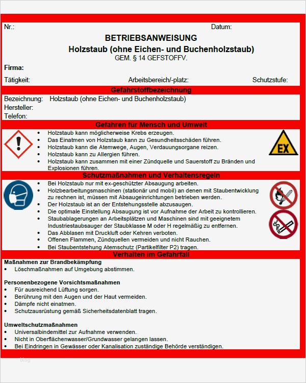 Allgemeine Sicherheitsunterweisung Vorlage Wunderbar Betriebsanweisung Holzstaub sofort Download