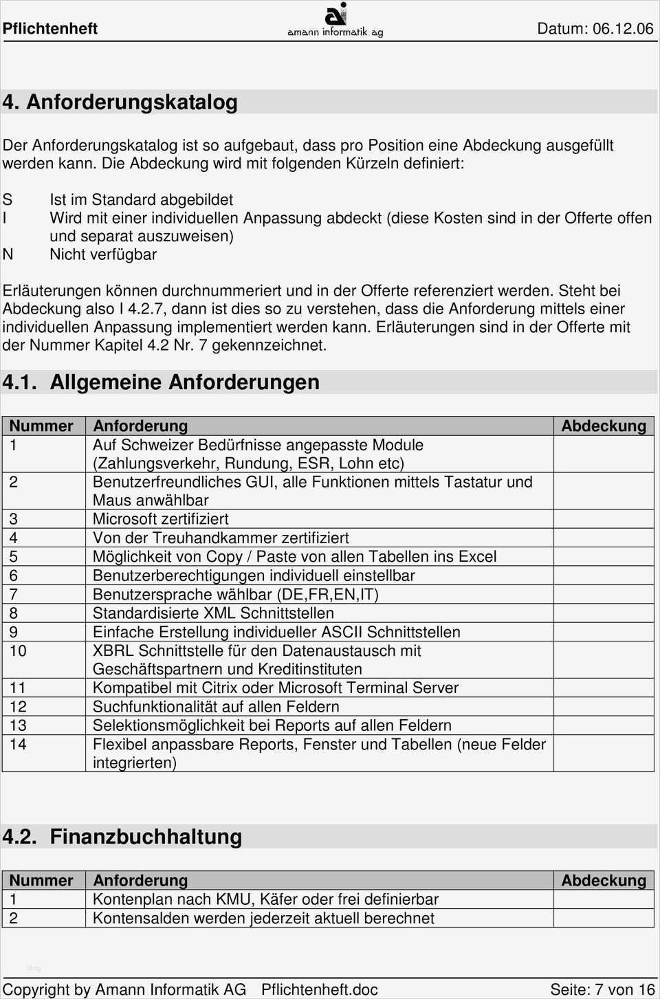 Vorlage Pflichtenheft für Evaluation einer ERP