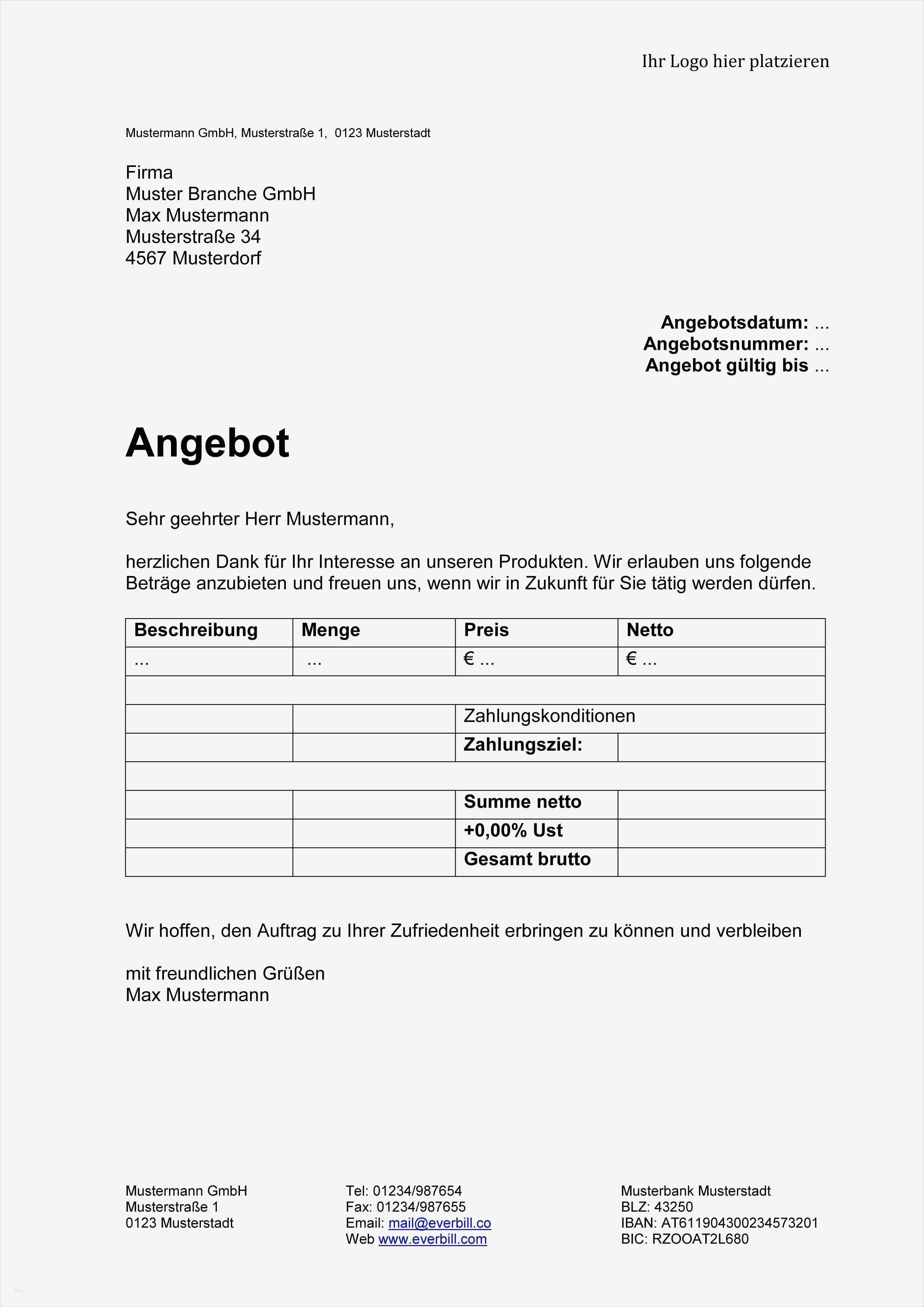 Angebot Vorlage Excel Best Of Angebot Muster In Word Kostenlos Herunterladen