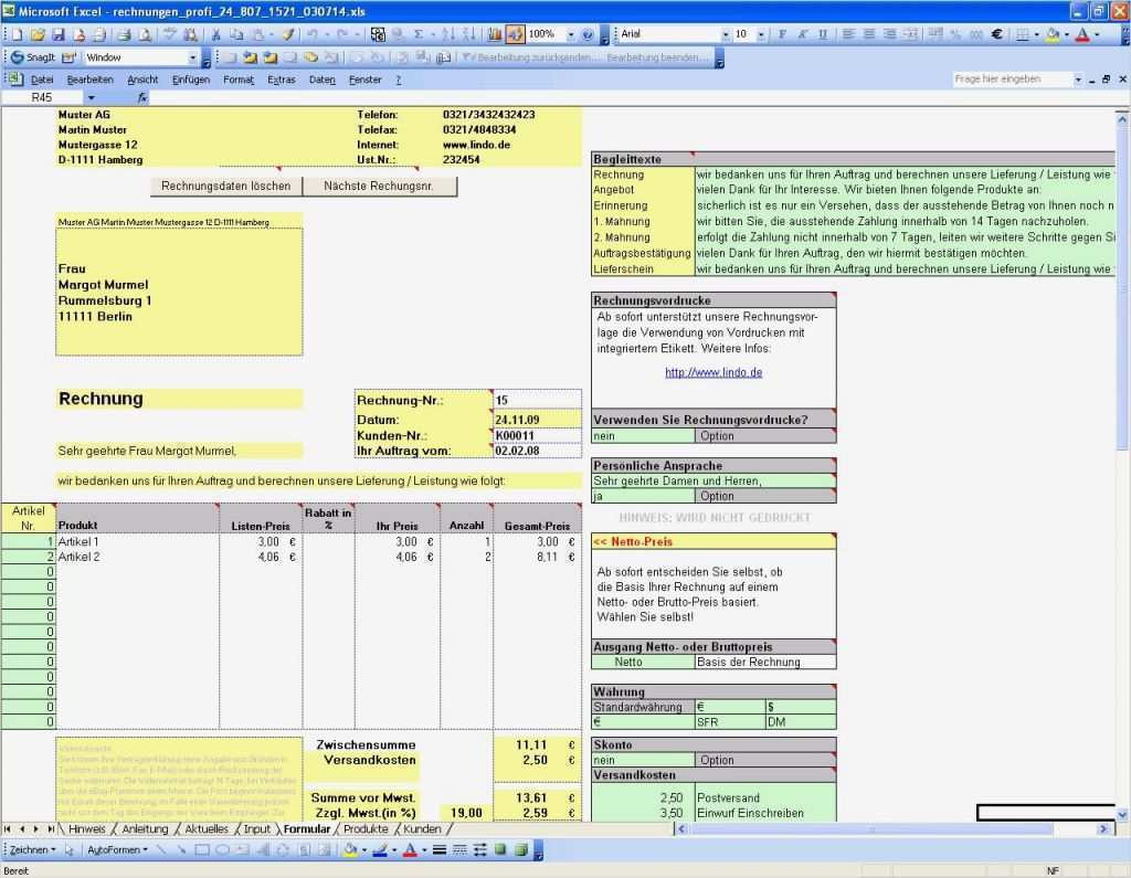 Angebot Vorlage Excel Bewundernswert Rechnungstool In Excel Vorlage Zum Download