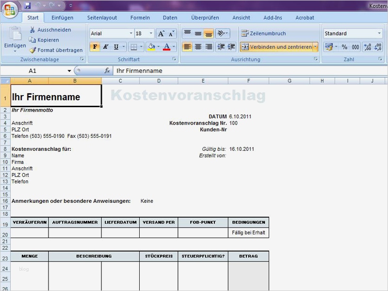 Angebot Vorlage Excel Elegant Kostenvoranschlag