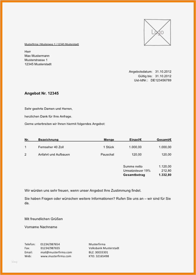 Angebot Vorlage Excel Schön 5 Angebot Vorlage