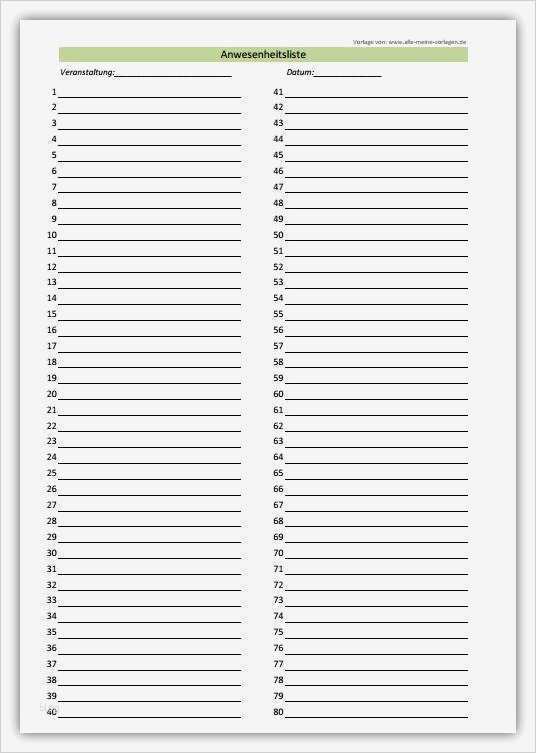 Anwesenheitsliste Vorlage Kostenlos Großartig Anwesenheitsliste