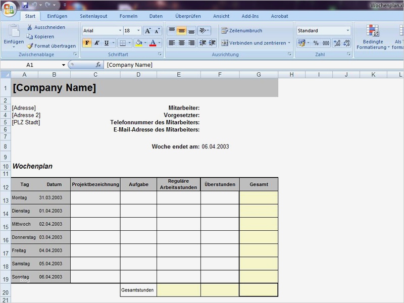 Arbeitsstunden Excel Vorlage Schön Wochenplan Mit Arbeitsstunden