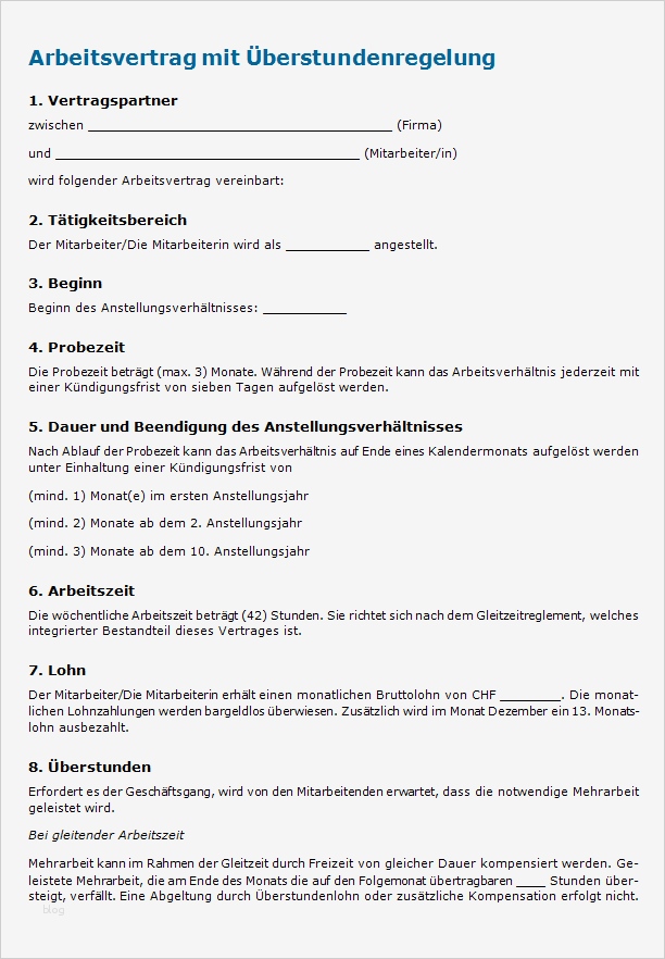 Arbeitsvertrag Schweiz Vorlage Cool Arbeitsvertrag Mit Überstundenregelung Muster Zum Download