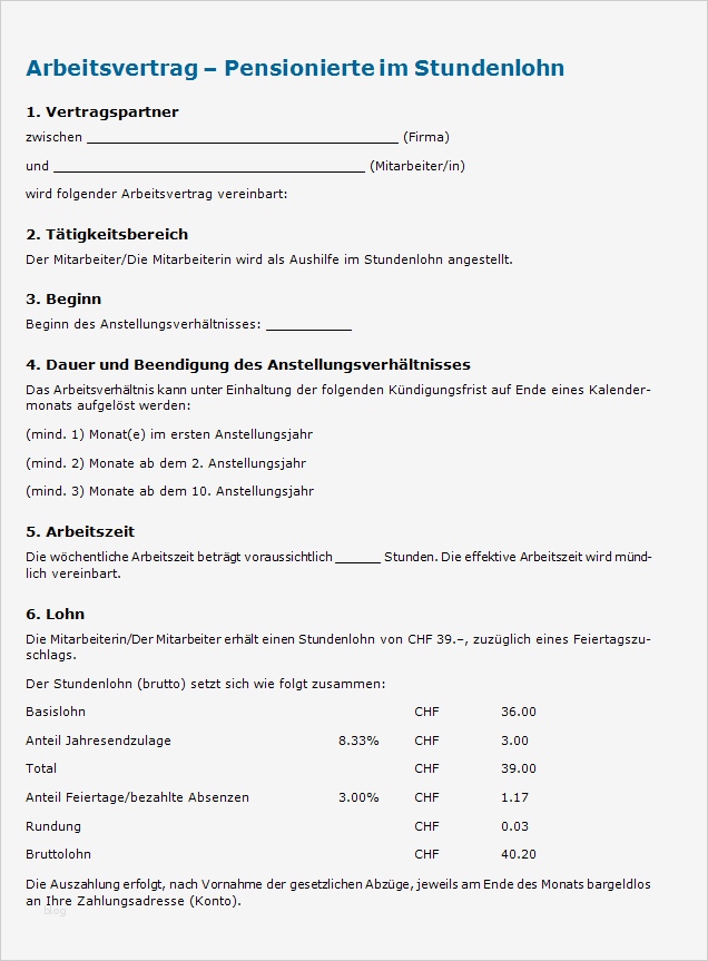 Arbeitsvertrag Schweiz Vorlage Elegant Arbeitsvertrag Pensionierte Stundenlohn Muster Zum Download