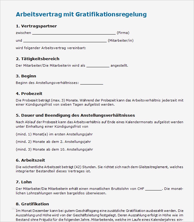 Arbeitsvertrag Schweiz Vorlage Inspiration Arbeitsvertrag Mit Gratifikation Muster Zum Download