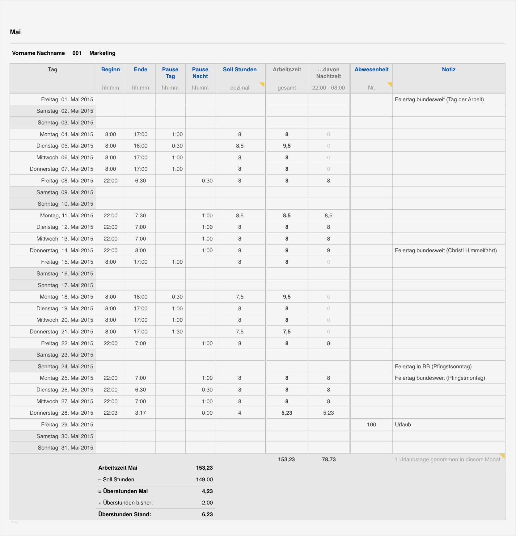 Arbeitszeit Excel Vorlage Schön Numbers Vorlage Arbeitszeit Zeiterfassung 2015