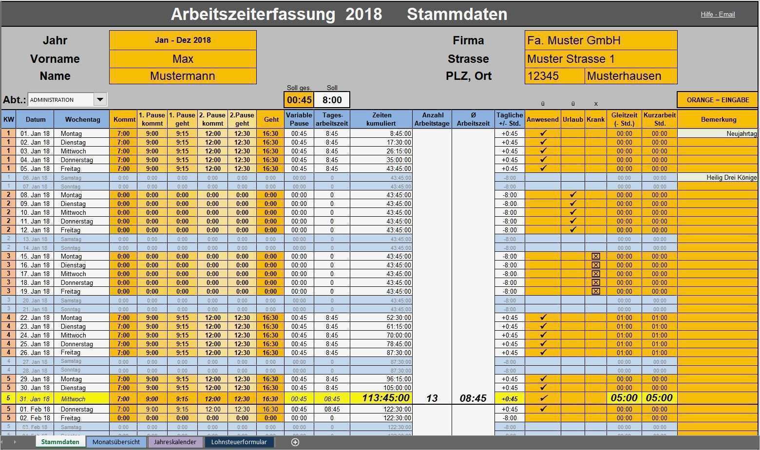 Arbeitszeiterfassung 2018 Variable Pause