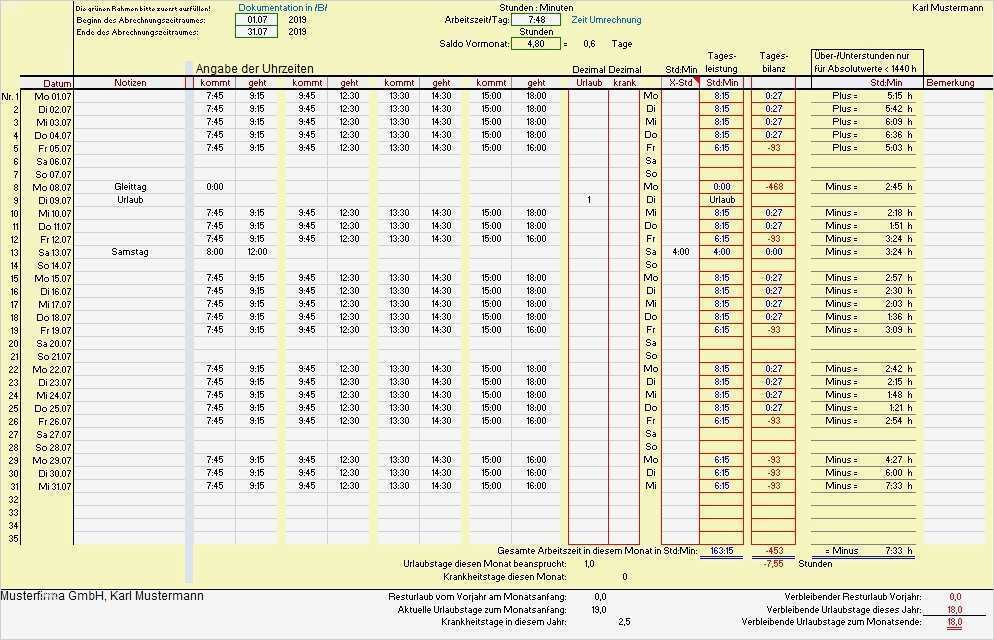 Arbeitszeitkonto Excel Vorlage Fabelhaft Excel Zeiterfassung 2018 Stundenkonto Arbeitszeitkonto