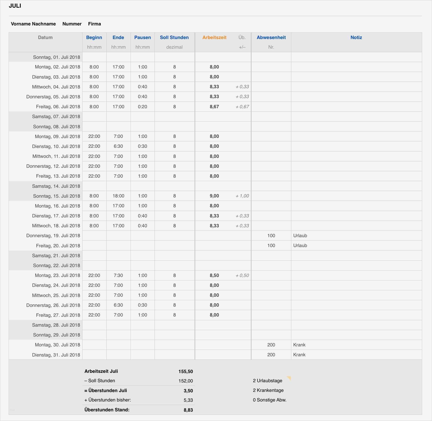 Arbeitszeitnachweis Vorlage 2017 Elegant Erfreut Zeiterfassungsbogen Vorlage Fotos Beispiel