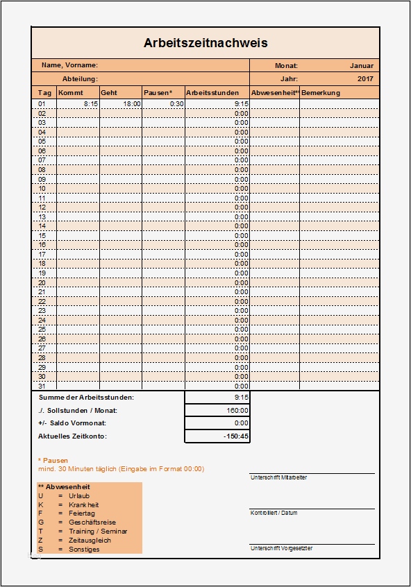 Arbeitszeitnachweis Vorlage 2017 Hübsch Excel Arbeitszeitnachweis Vorlagen 2017