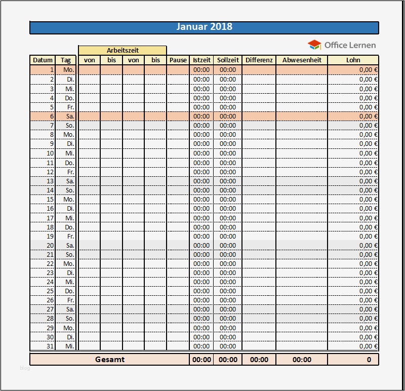 Excel Arbeitszeitnachweis Vorlagen 2018