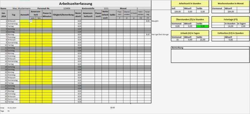 Arbeitszeitnachweis Vorlage Kostenlos 2017 Beste Arbeitszeiterfassungsvorlage Für Microsoft Excel Stefan
