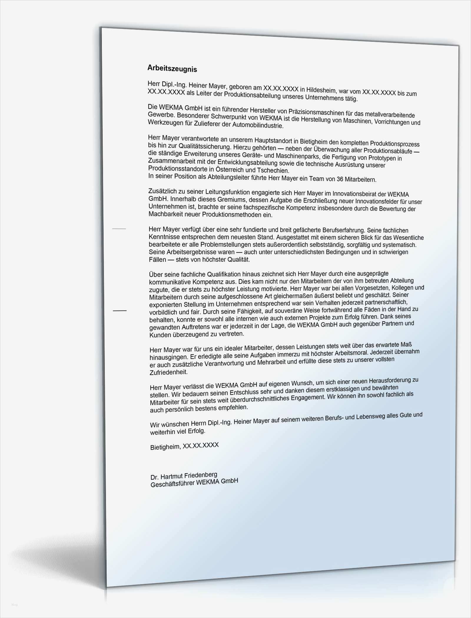 Arbeitszeugnis Führungskraft Sehr gut zum Download