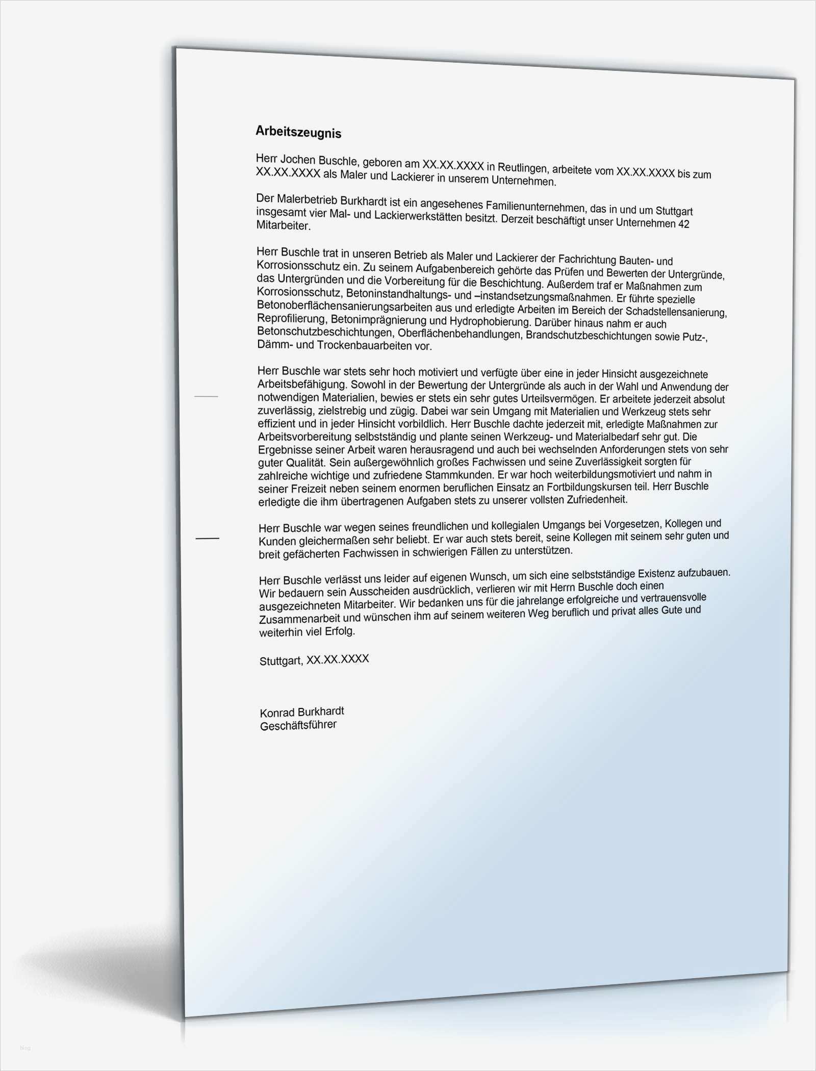 Arbeitszeugnis Sehr Gut Vorlage Cool Arbeitszeugnis Maler Und Lackierer Note Eins