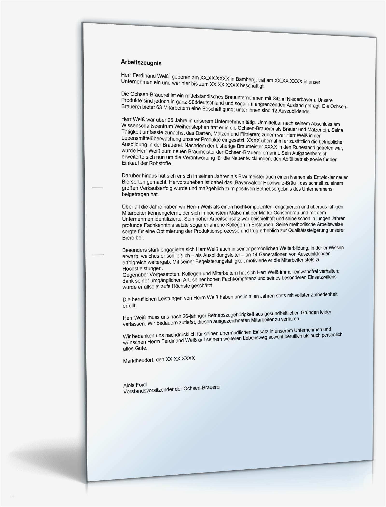 Arbeitszeugnis Sehr Gut Vorlage Genial Arbeitszeugnis Brauer Note Eins