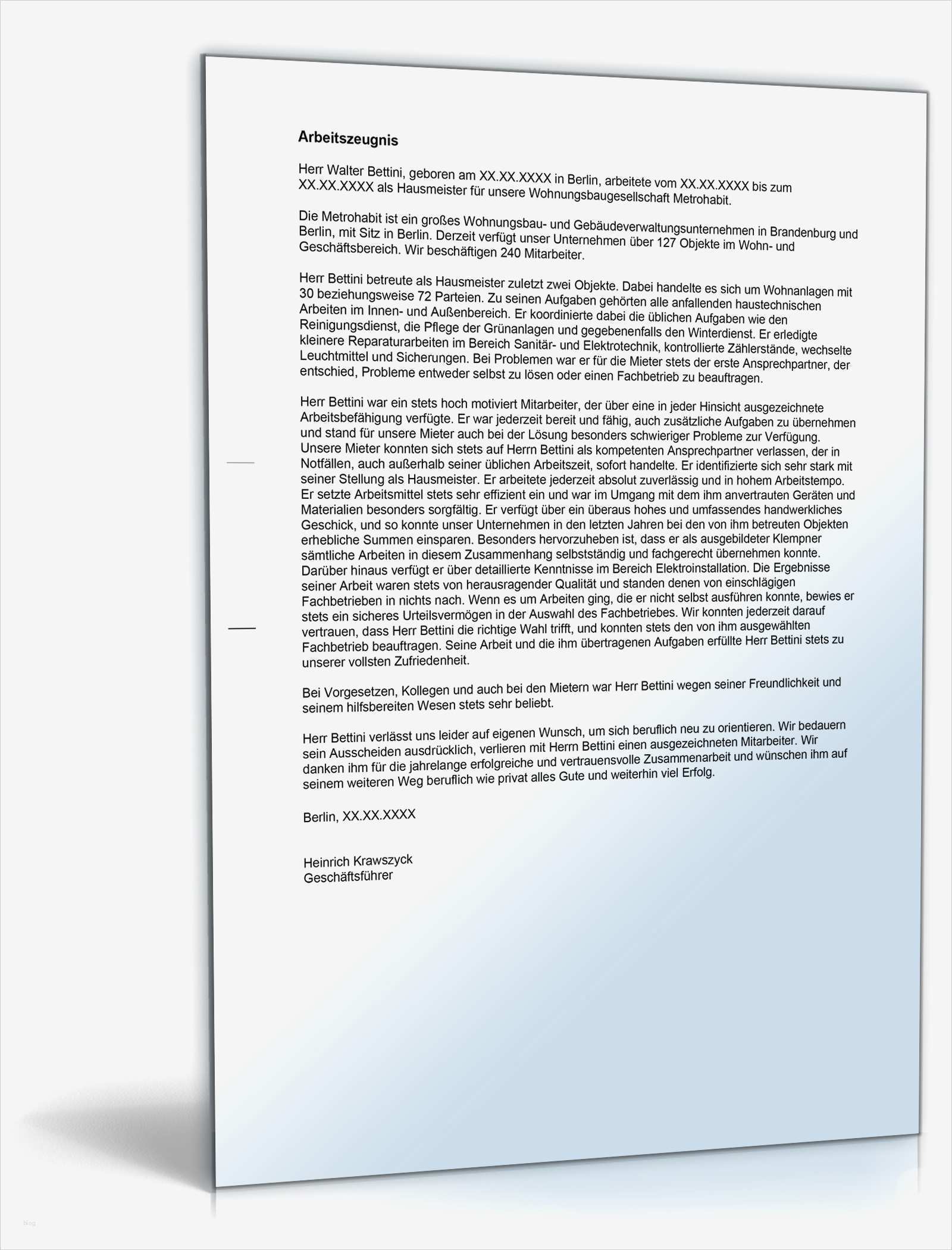 Arbeitszeugnis "sehr gut" Hausmeister in