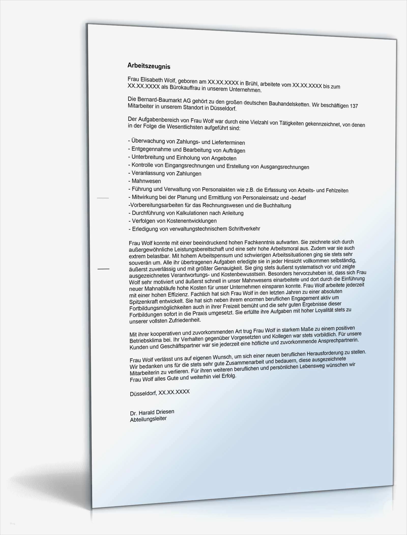 Arbeitszeugnis Vorlage Wunderbar Arbeitszeugnis Bürokaufleute Note Eins