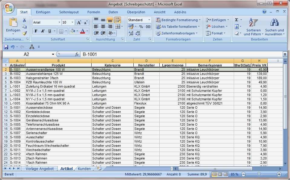 Artikelliste Excel Vorlage Süß Kostenangebot Mit Excel Mit Verseis Auf Artikelliste