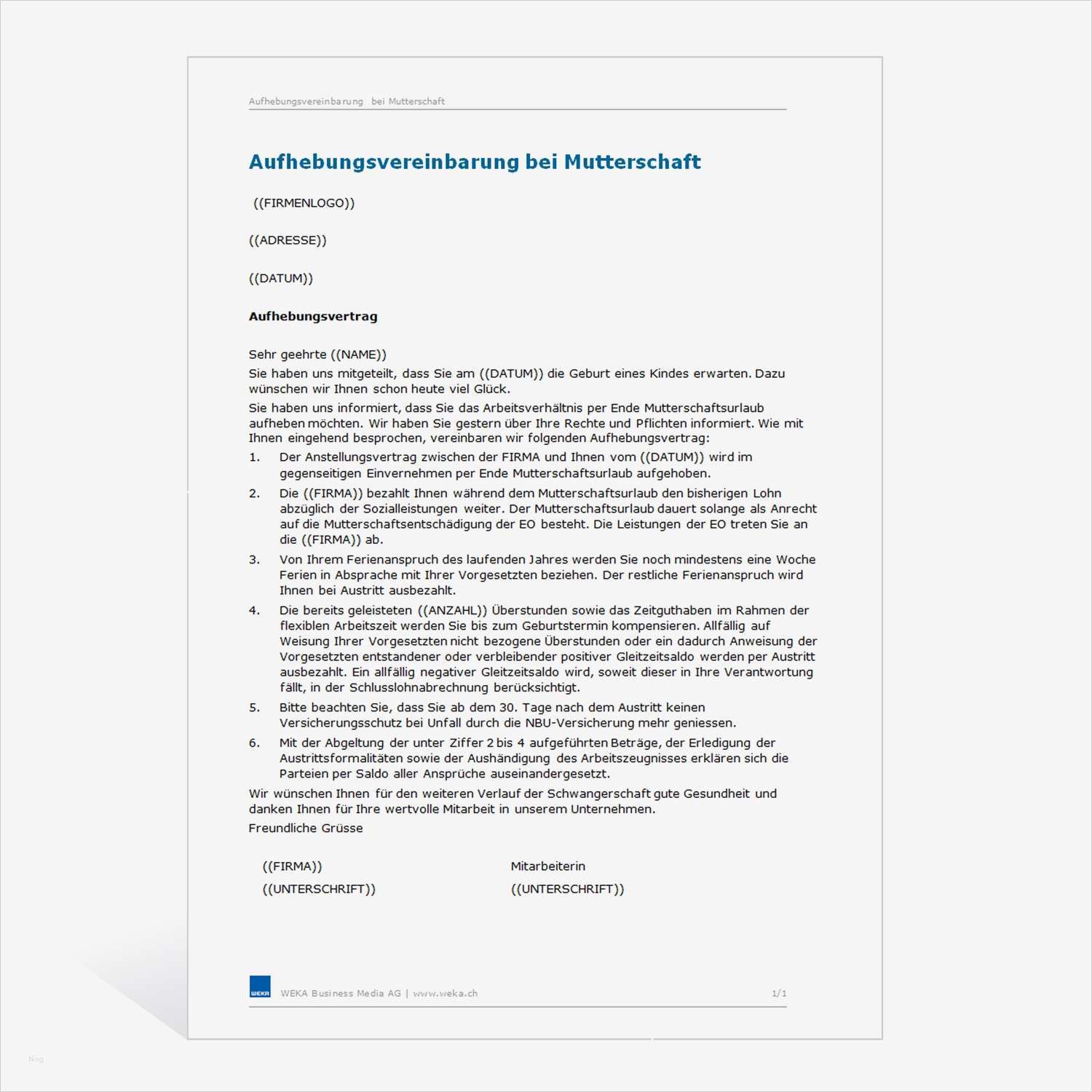 Aufhebungsvertrag Nach Elternzeit Vorlage Gut Muster Aufhebungsvereinbarung Bei Mutterschaft