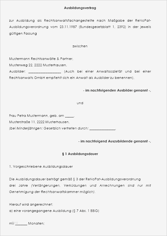 Ausbildungsvertrag Vorlage Erstaunlich Ausbildungsvertrag Rechtsanwaltsfachangestellte