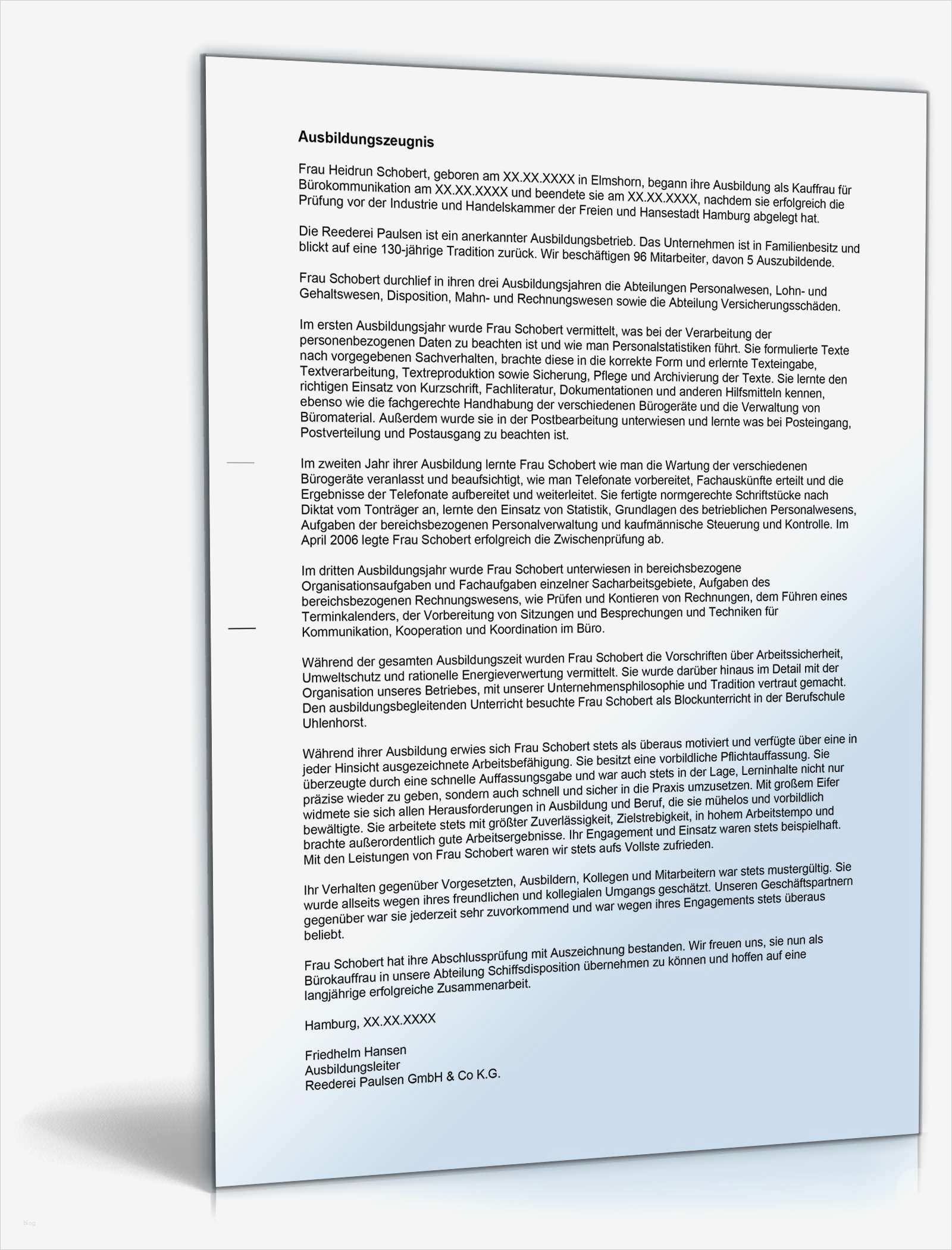 Ausbildungszeugnis Vorlage Angenehm Ausbildungszeugnis Bürokauffrau Note Eins