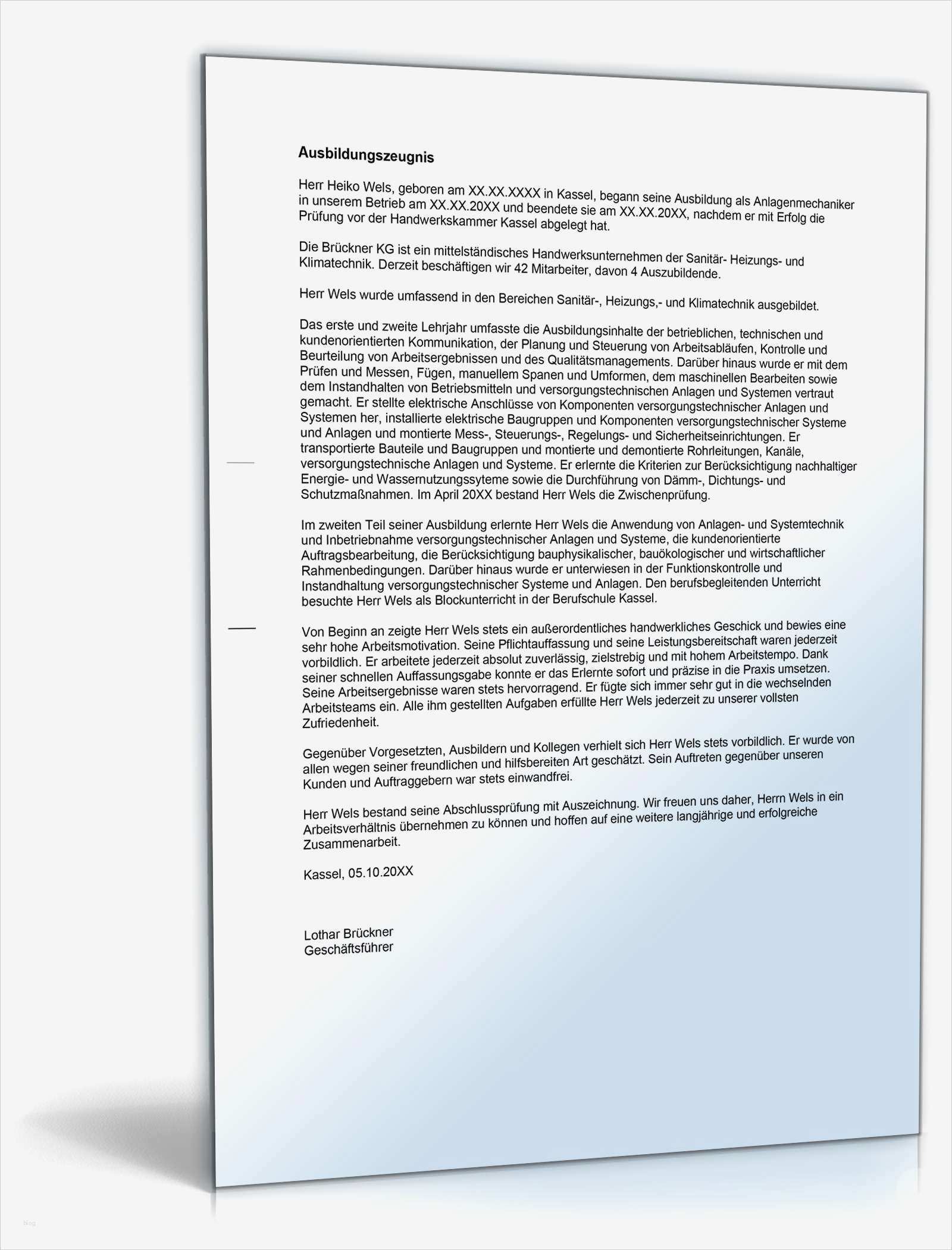 Ausbildungszeugnis Vorlage Bewundernswert Ausbildungszeugnis Anlagenmechaniker In Note Eins Zum