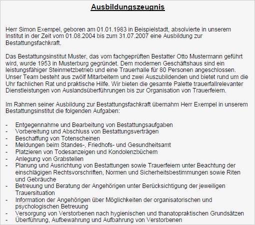 Ausbildungszeugnis Vorlage Süß Arbeitszeugnis Ausbildung Zur Bestattungsfachkraft Gut