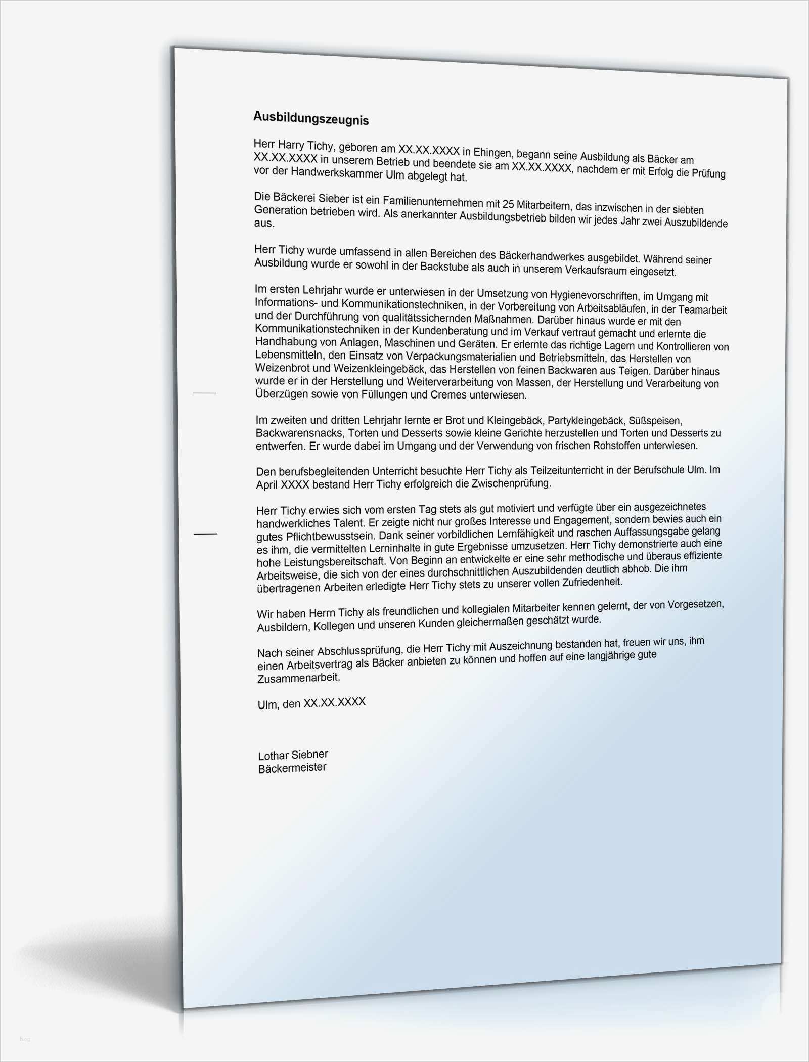 Ausbildungszeugnis Vorlage Süß Ausbildungszeugnis Bäcker Note Zwei