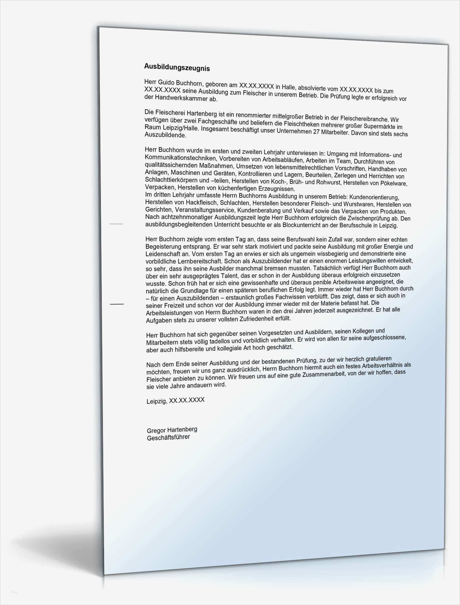 Ausbildungszeugnis Vorlage Wunderbar Ausbildungszeugnis Fleischer Muster Zum Download