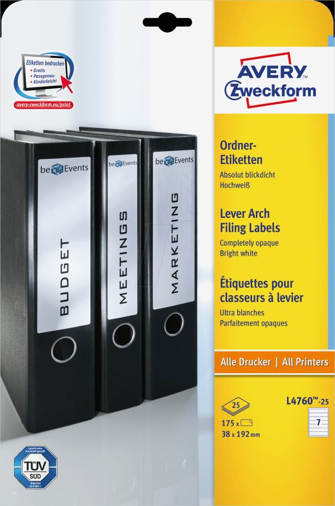Avery Zweckform L4760 Vorlage Download Erstaunlich Etikett 4760 Lever Arch Filing Label 38 X 192 Mm at
