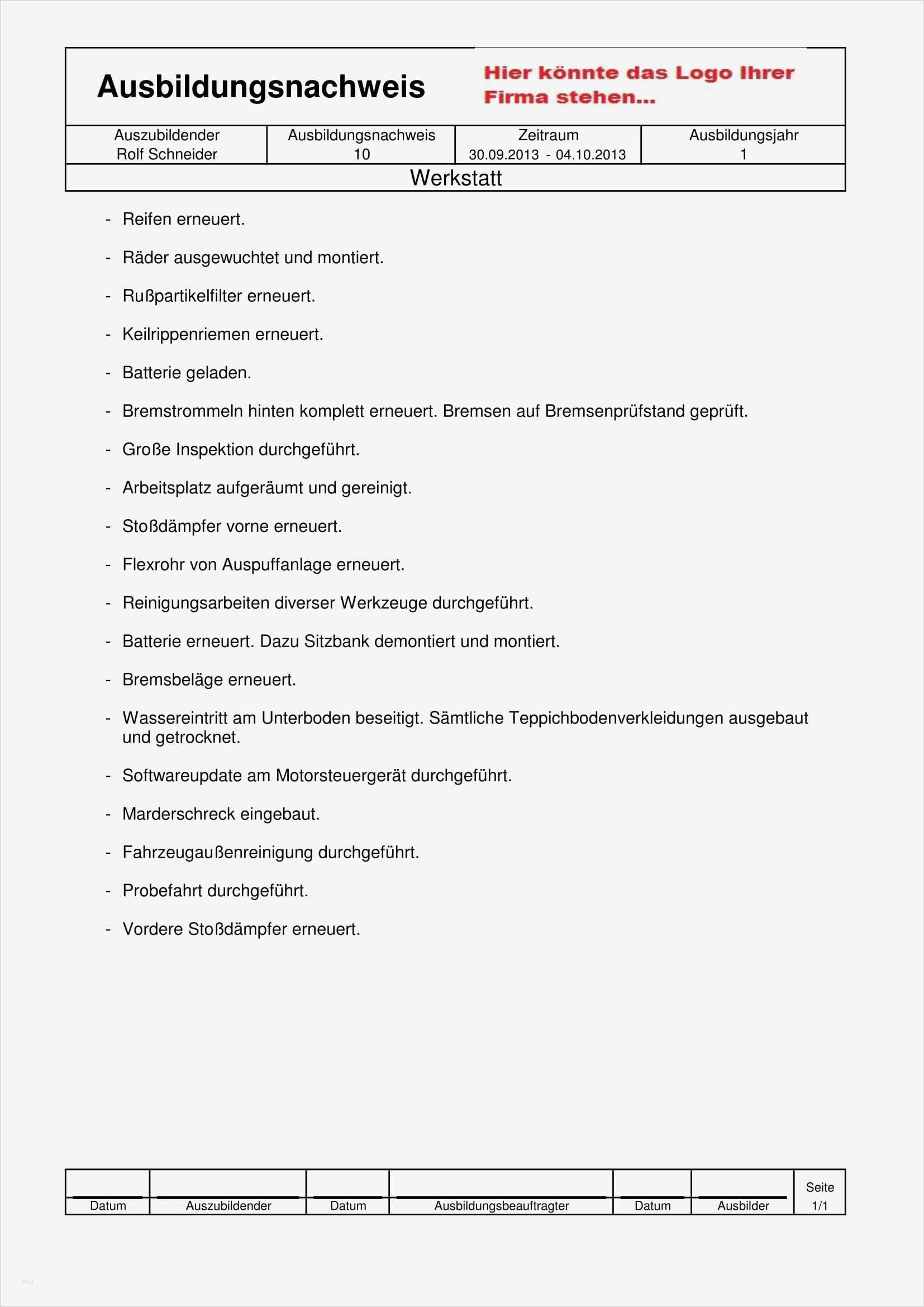 Berichtsheft Kfz Mechatroniker Vorlage Beste Beispieldruck