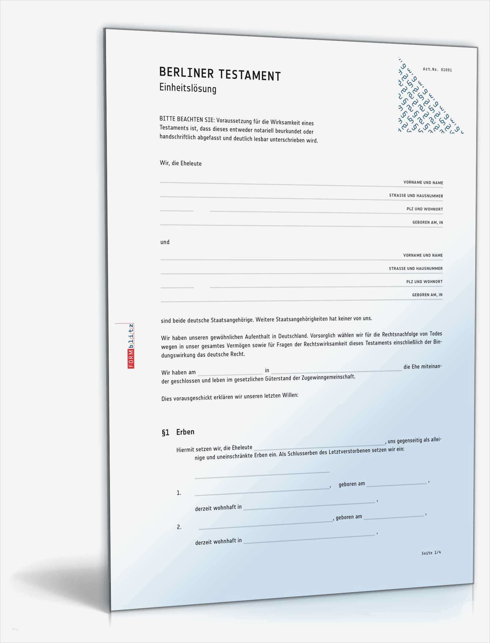 Berliner Testament Vorlage Kostenlos Ausdrucken Wunderbar Berliner Testament Einheitslösung