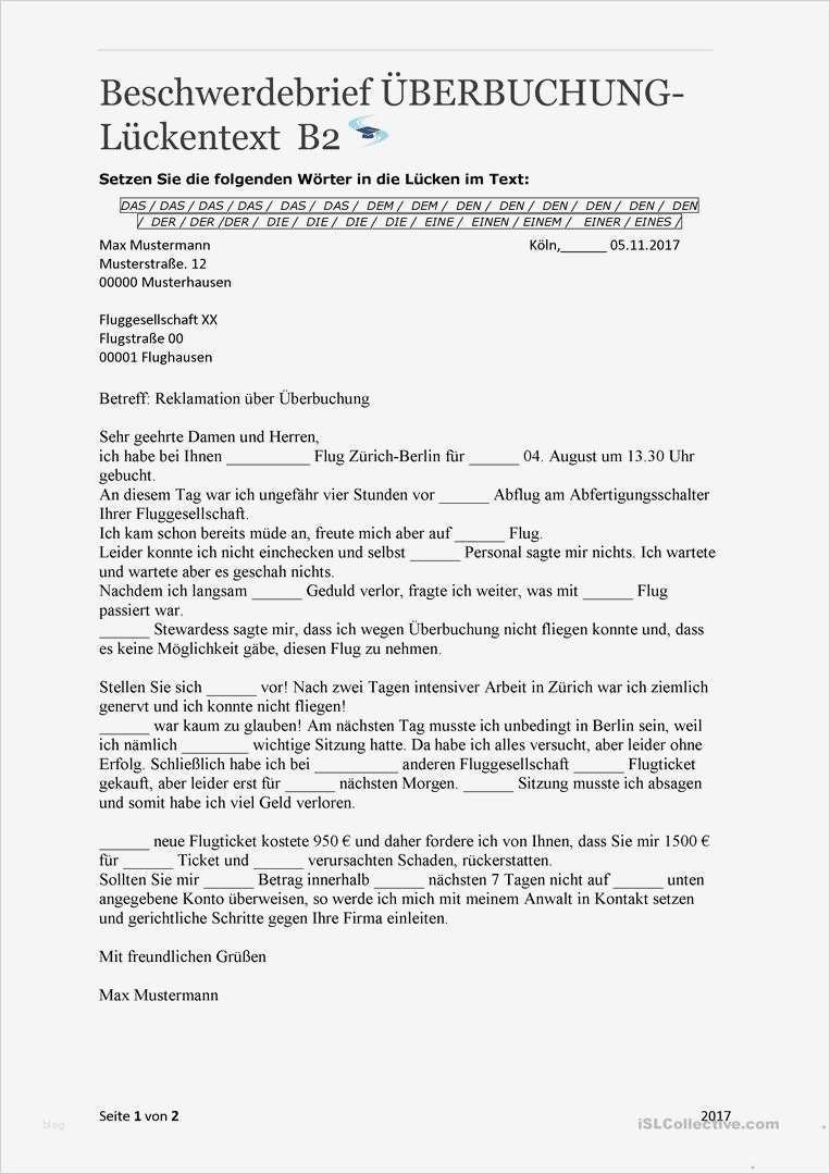 Beschwerdebrief Vorlage Best Of Beschwerdebrief Überbuchung Mit Lösungen Arbeitsblatt