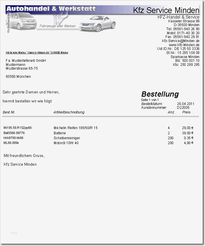 Bestellung Vorlage Elegant Werkstatt software Programm Kfz Handel Autohaus