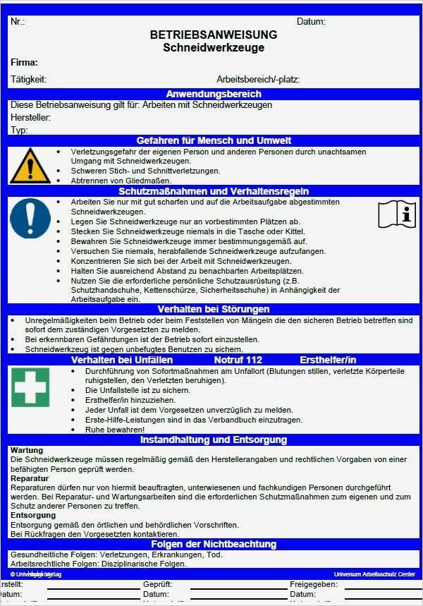 Wunderbar Betriebsanweisungen Vorlage Zeitgenössisch