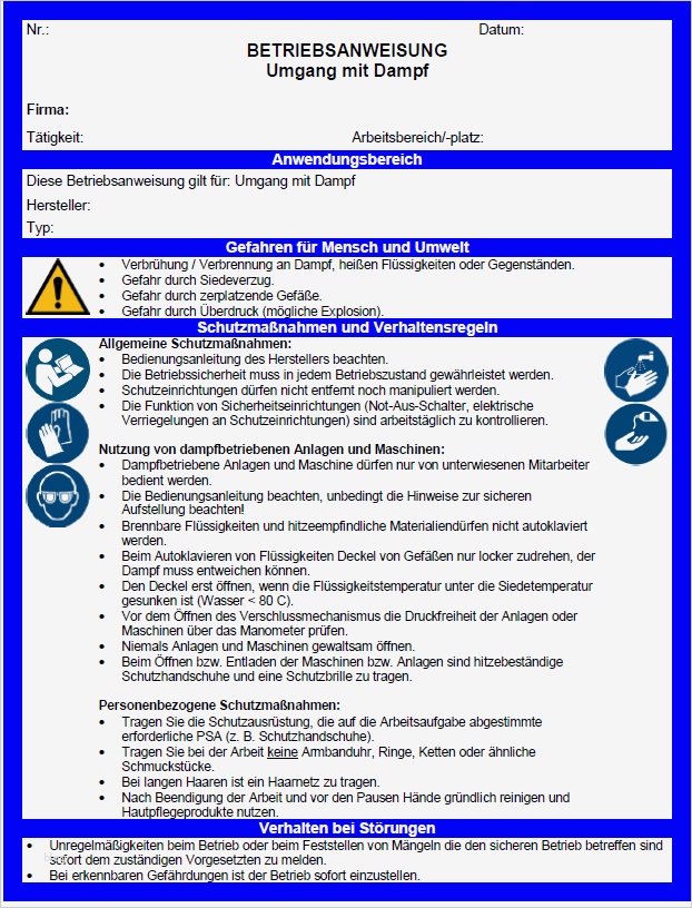Betriebsanweisung Vorlage Bewundernswert Betriebsanweisung Umgang Mit Dampf sofort Download