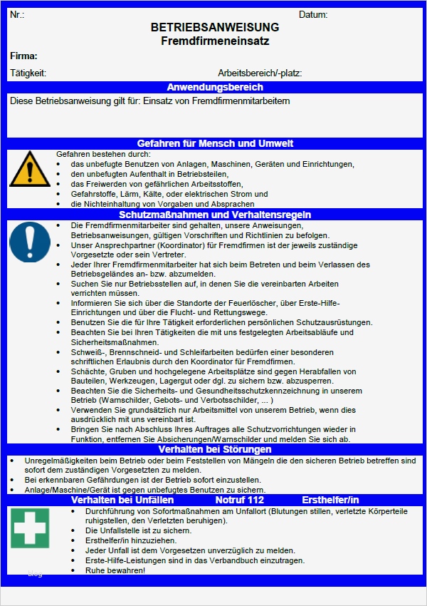 Betriebsanweisung Vorlage Hübsch Betriebsanweisung Fremdfirmeneinsatz Vorlage