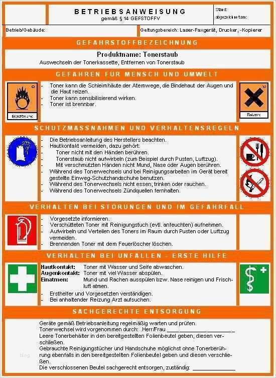 43 Angenehm Betriebsanweisung Vorlage Vorräte 2 ergo online Betriebsanweisung Tonerwechsel