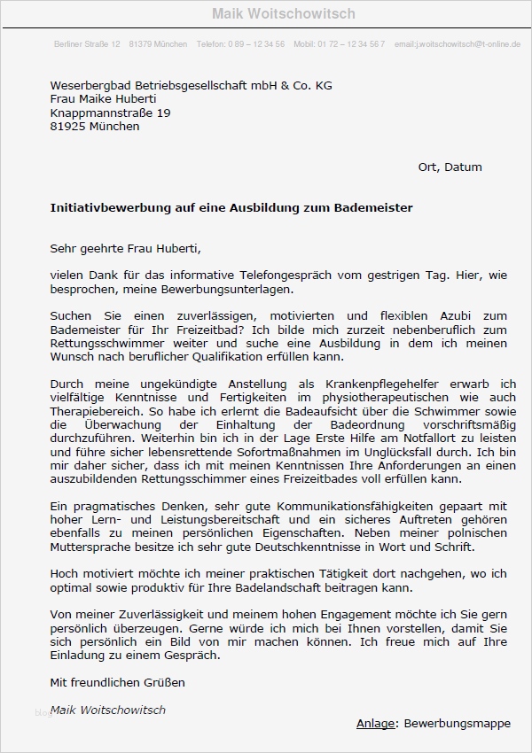Bewerbung Als Bademeister Vorlagen Luxus Bewerbung Bademeister Ausbildung sofort Download