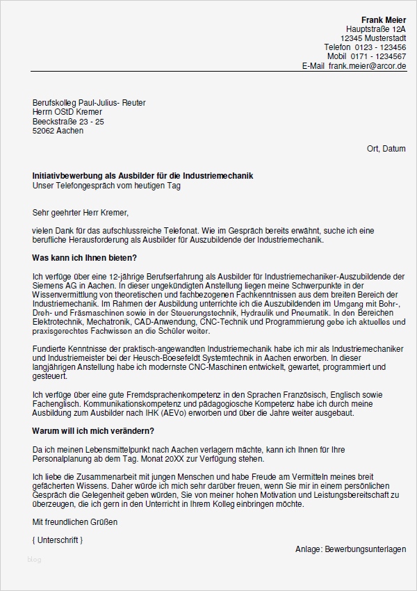 Bewerbung Als Industriemechaniker Vorlage Gut Bewerbung Ausbilder Für Industriemechaniker