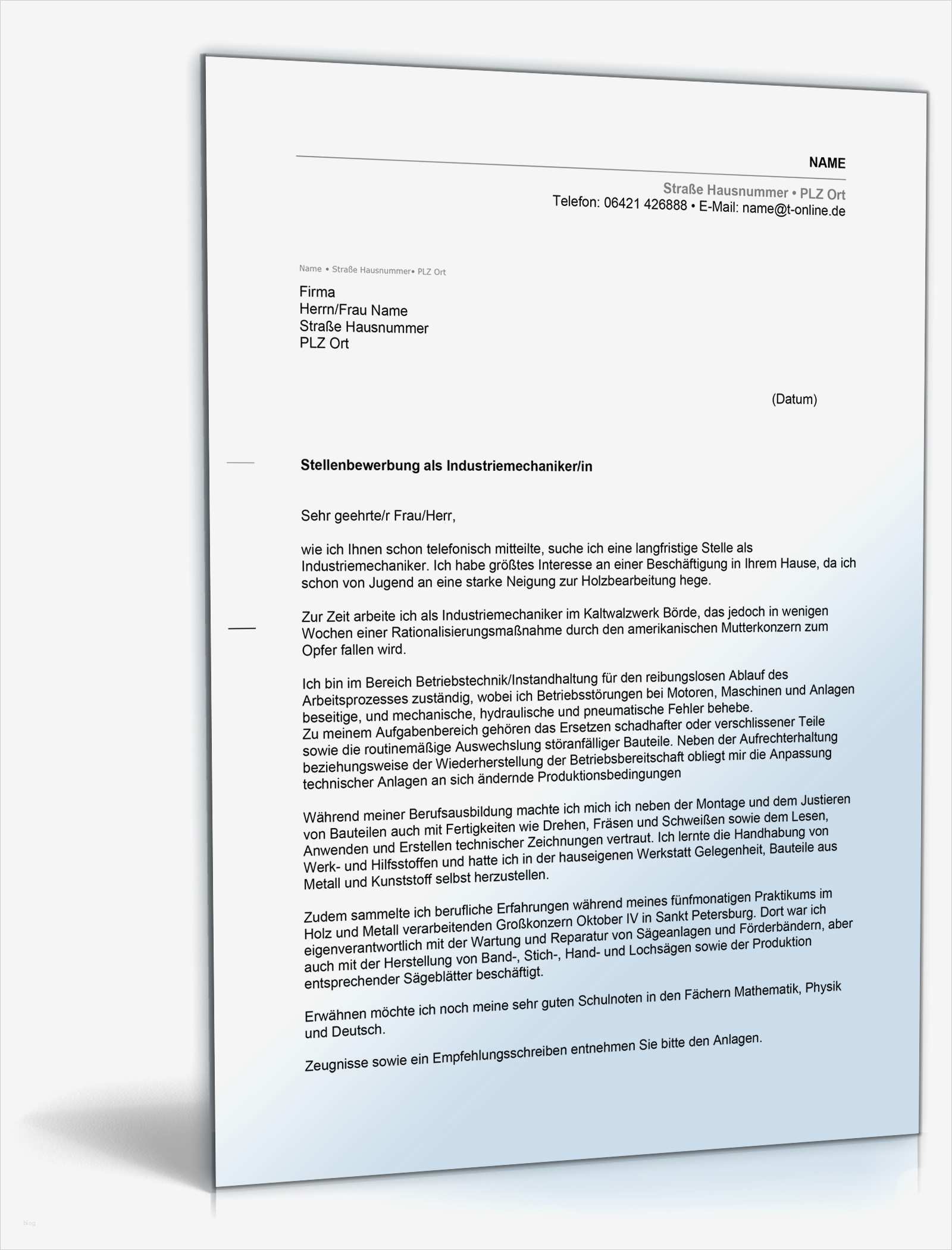 Bewerbung Als Industriemechaniker Vorlage Wunderbar Anschreiben Bewerbung Industriemechaniker