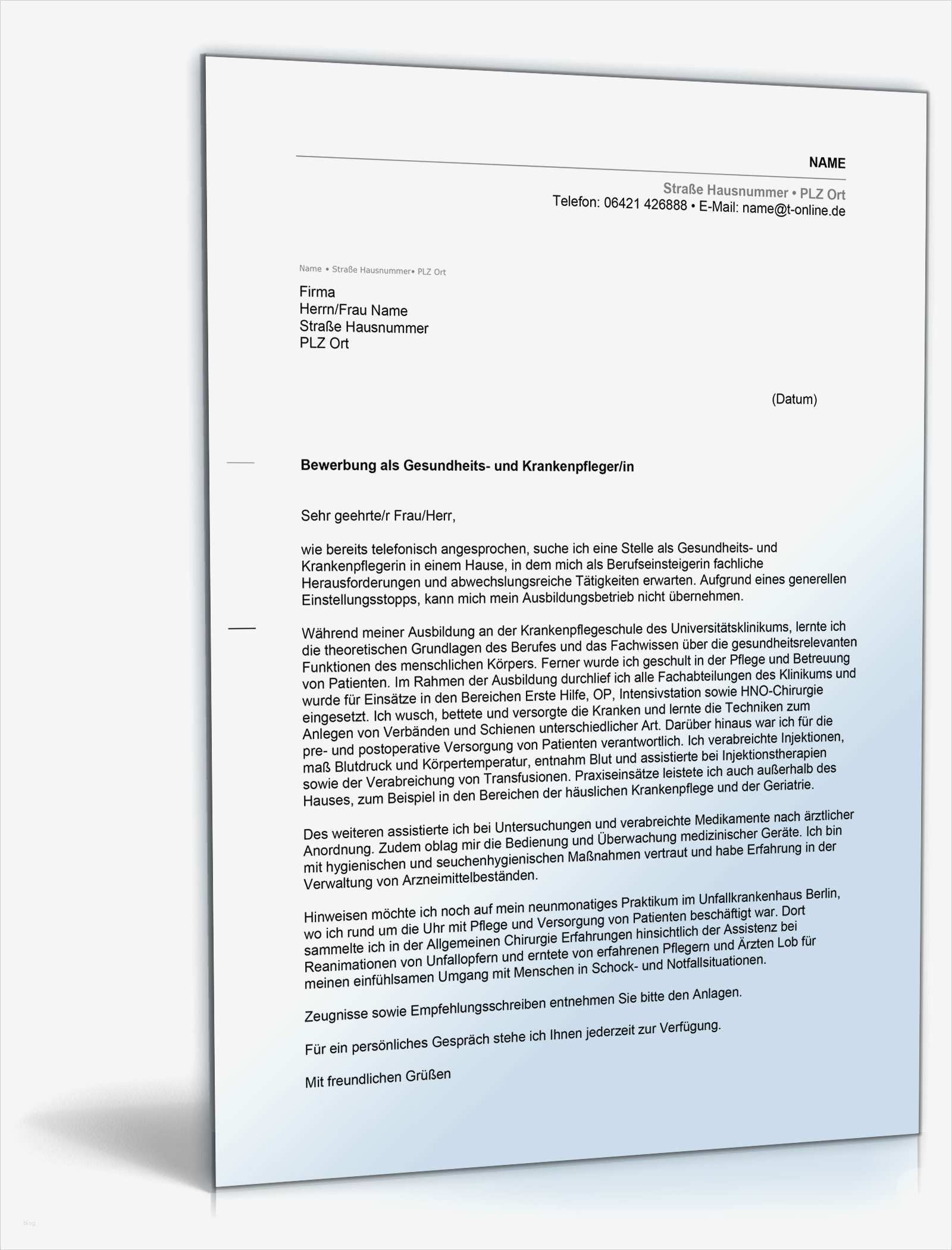 Bewerbung Als Krankenpfleger Vorlage Genial Anschreiben Bewerbung Gesundheits Und Krankenpfleger In