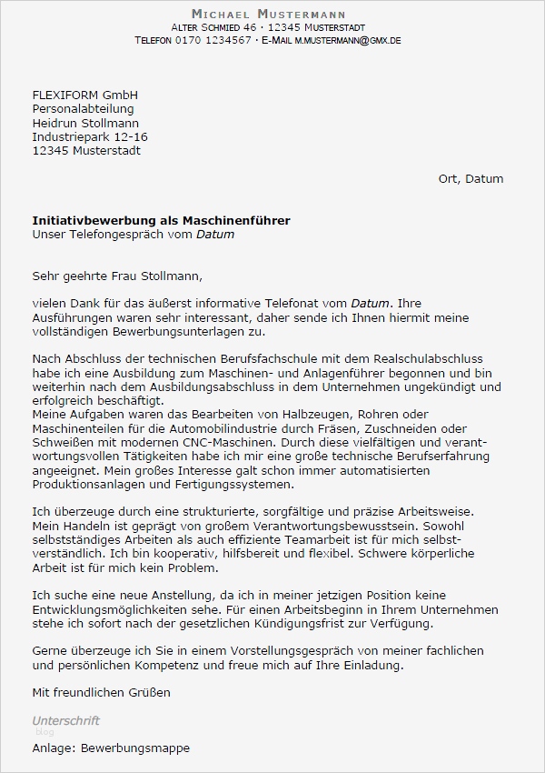 Bewerbung Als Maschinenführer Vorlage Elegant Bewerbung Maschinenführer In Ungekündigt